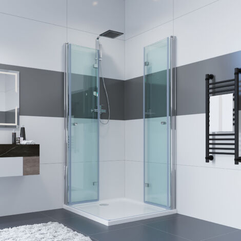 Duschkabine Eckeinstieg Dusche 180º Falttür Duschwand Duschabtrennung NANO Glas Duschtür für Badezimmer 185/195cm (mit / ohne Duschtasse)