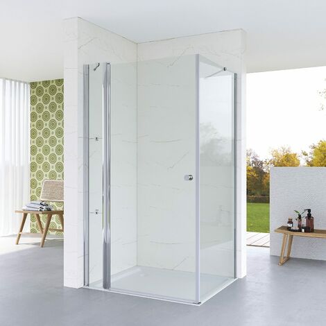 Duschkabine Eckeinstieg Bodengleich Duschwände für Eckdusche Ebenerdig Duschtür Drehtür an Festteil mit festem Seitenteil Seitenwand Echtglas 5 mm klar 110x80x187cm