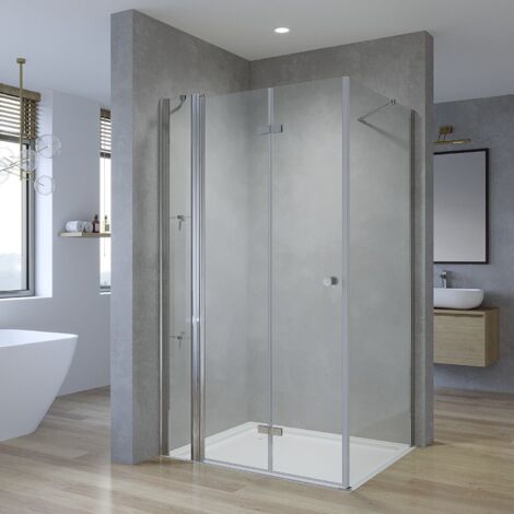 Duschkabine Eckeinstieg Duschabtrennung Duschwand Glas Eckdusche Duschtür Falttür an Festteil mit Seitenwand Eckregale inkl. Duschtrennwand Glas faltbar 19. Größe: 90x90x187 cm