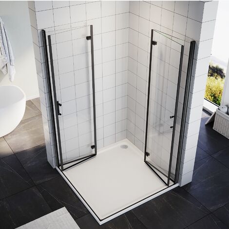 Duschkabine Eckeinstieg Falttür 120x120x195cm Duschabtrennung Eckeinstieg Eckig Dusche 180º Faltbar 6mm NANO Glas Schwarzer Aluminiumrahmen