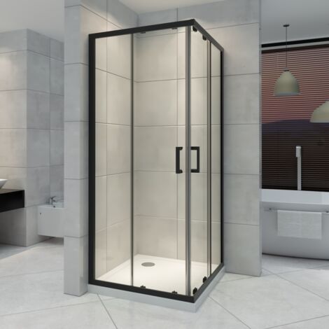 Duschkabine mit Schiebetüren Eckdusche mit Rollensystem aus ESG Glas 185cm Hoch mit schwarze Profile DK79