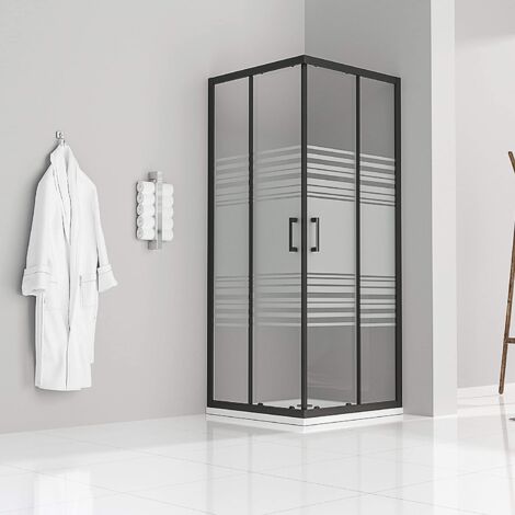 Duschkabine mit Schiebetüren Eckdusche mit Rollensystem aus teilsatiniertem ESG Glas 180cm Hoch mit schwarzen Profilen DK79 95x95 cm