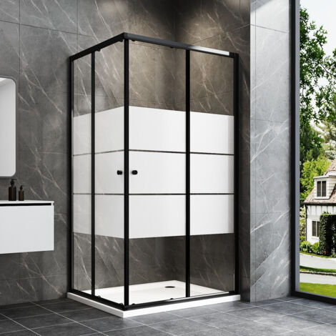 Duschkabine Schwarz 100x80 Schiebetür Eckeinstieg Duschkabine Duschabtrennung Duschwand Dusche, 6mm ESG Glas mit Milchglas Streifen, Höhe 185cm