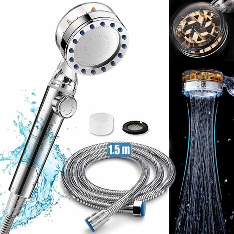 Duschkopf, Anti-Kalk-Duschkopf mit 1,5 m Schlauch und unbegrenzt einstellbarem Modus, wassersparende Handbrause, Badezimmer-Duschkopf, universeller Hochdruck-Propeller-Duschkopf, Chrom