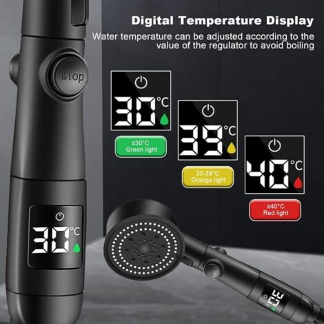 Duschkopf mit digitaler Temperaturregelung, wassersparender Hochdruck-Duschkopf, 1,5 m langer Duschschlauch mit Wasserabsperrventil, 5 Strahlarten, 9 cm Durchmesser, inklusive Halterung