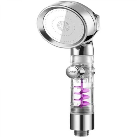Duschkopf mit drei Druckstufen, goldenem Wasserstrahl, mit automatischer Abschalttaste, umweltfreundlichem Filter, Badezimmer.