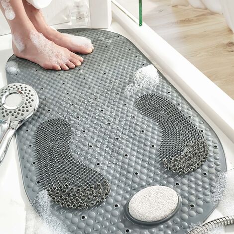 Duschmatte, 40 x 80 cm, rutschfeste Badewannenmatte, Fußmatte mit abnehmbarem Bimsstein, mit Saugnäpfen (grau)