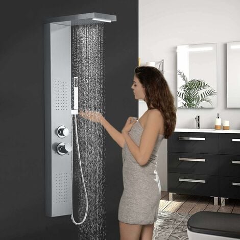 Duschpaneel 304 Edelstahl Regendusche mit Wandhalterung Duschkopf Handbrause 4 in 1 Multifunktion mit Thermostat Duschpaneelsystem（Silber-Duschpaneel）YARDIN