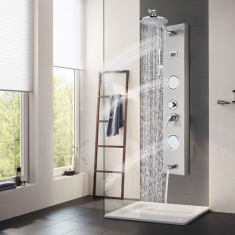 ONYZPILY Duschpaneel Edelstahl Duschsystem Multifunktions Duschsäule mit Temperaturanzeige, Kopfbrause, Massagedüsen und Wasserfall-Handbrause Nickel Gebürstet