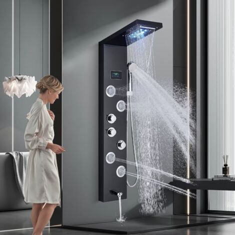 Duschpaneel Edelstahl Schwarz Duschsäule Duscharmatur Duschsystem Regendusche Kopfbrause Handbrause Armatur Duschset 4 x Massagedüsen