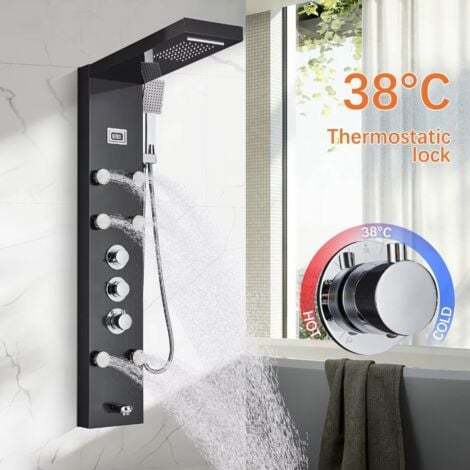 ONYZPILY Duschpaneel Mit Thermostat Edelstahl Brausegarnitur 5 Funktionen Duschsystem Regendusche Dusche Armaturen AußEndusche, Schwarz