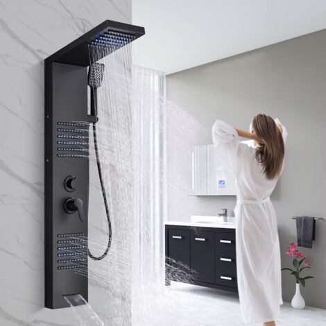 ONYZPILY Duschpaneel Schwarz LED Edelstahl Duschsäule Duscharmatur Duschsystem Regendusche Kopfbrause Handbrause Armatur Duschset Massagedüsen