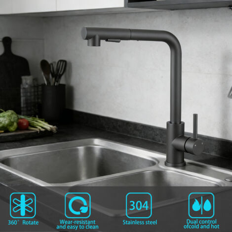 Duschparadies Ausziehbarer Küchen Wasserhahn 360° Schwenkbar Hochdruck 2 Strahlarten Einhandmischer Gunmetal Grau