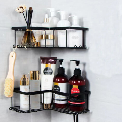 Duschregal ohne Bohren, Eckregal für Badezimmer, Duschablage zur Aufbewahrung von Shampoo, Duschgel, Schwarz (2 Stück Eck-Duschregal)