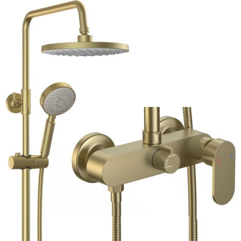 Duschsäulen Gold Regendusche Duschsystem Wandmontage Duschset ABS Regenduschkopf mit 3 Strahlarten Handbrause, Messing Duscharmatur Set Duschsäule mit Einhebelmischer