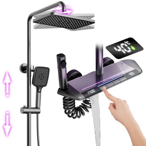 Duschsäulen mit Thermostat, Digitalanzeige Duschsystem mit Thermostat Messing Duschset Wandmontiert Duschsäule Duschgarnitur mit Regendusche, Handbrause, Bidet Sprayer, Dunkelgrau