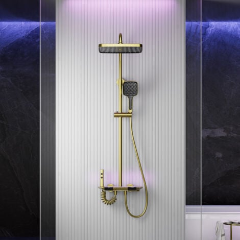 Duschsäulen mit Thermostat, Digitalanzeige Duschsystem mit Thermostat Messing Duschset Wandmontiert Duschsäule Duschgarnitur mit Regendusche, Handbrause, Bidet Sprayer, Gold