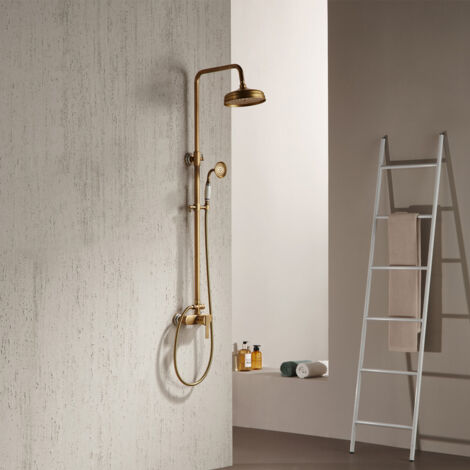 Duschsystem Antik Messing Duscharmatur Set Goldfarben Duschset,Duschgarnitur Mit Kopfbrause,Handbrause Kopf,Höhen- Und Winkelverstellung Der Stütze,Duschsystem Mit Armatur