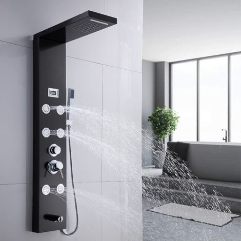 Duschsystem Duschsystem Edelstahl Duschpaneel Duschsäulen,mit Regendusch, Massagedüsen Handbrause Wasserfalldusche Kopfbrause, mit 1,5m S/S flexibler Schlauch,Schwarz