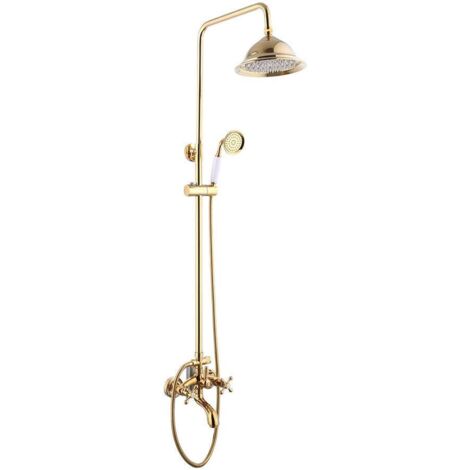 Duschsystem (Messing, Wasserhahn mit Duschsäule, Regendusche, Handbrause, goldfarben)