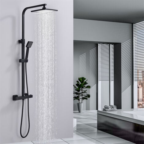 Duschsystem mit Thermostat 38℃ Duscharmatur Schwarz Regendusche Duschset Dusche inkl. Regal verstellbarer Edelstahl Duschstange Duschset