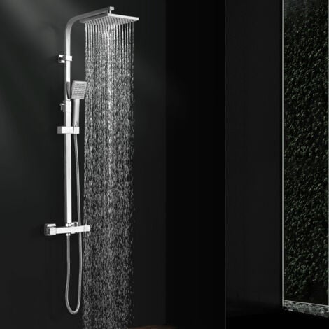 OHPA Duschsystem mit Thermostat Chrom, Duscharmatur Komplettset Messing Regendusche mit Armatur inkl. Handbrause, Kopfbrause, Verstellbarer Duschstange