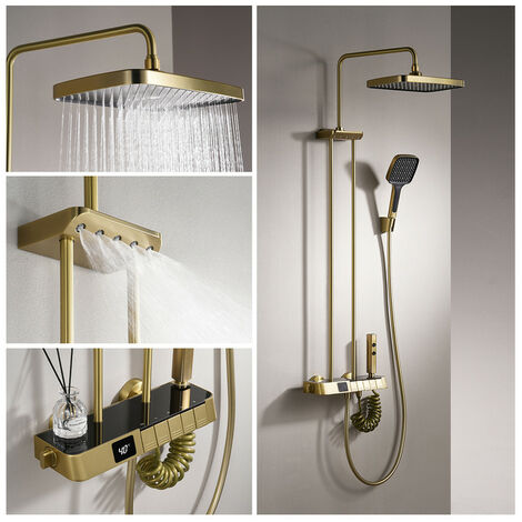 Duschsystem mit Thermostat Messing Duschsäule, Mischbatterie Duschset inkl. 30cm Kopfbrause, Handbrause, Schulterbrause, 2 in 1 Bidetbrause, Wanneneinlauf, Thermostat-Brausegarnitur (Gebürstetes Gold)