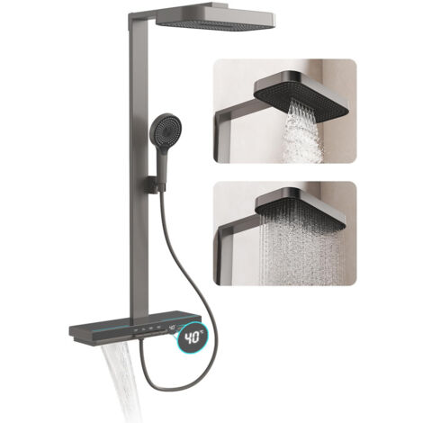 Duschsystem mit Thermostat, Messing Duschset, LED-Temperaturanzeige, Komplett Duschamaturenset mit 2 Funktion Kopfbrause, Handbrause mit 4 Strahlstärken, Badewannenarmatur