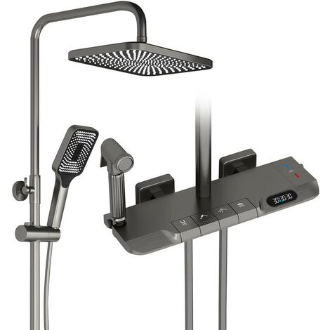 Duschsystem mit Thermostat Mischbatterie Pistolengrau Duschset inkl. Verstellbar Duschsäule, 32cmx20cm Kopfbrause, ABS Handbrause, Thermostat-Brausegarnitur für Badzimmer