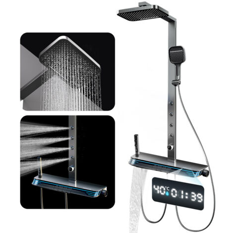 Duschsystem mit Thermostat, Mit 5 Funktion LED-Digitalanzeige Umgebungslicht Wand-Duschset, Mit 33x20 Cm Duschkopf , 4Rückenspray, Hand Dusche, Badewannenarmatur Und BidetsprüHer(Grau)