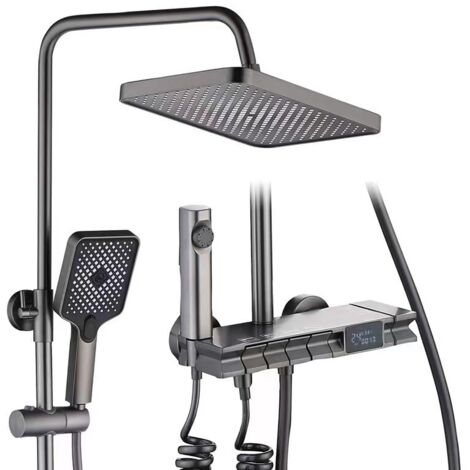 Duschsystem mit Thermostat, quadratischem Duschkopf, 4 Strahlarten, höhenverstellbar, mit LED-Anzeige