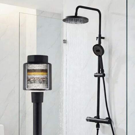 Duschsystem mit Thermostat Schwarz, Duscharmatur Komplettset mit Filter, 25cm Kopfbrause Regendusche & Handbrause, 3 Strahlarten Handbrause, Duschset für Badezimmer