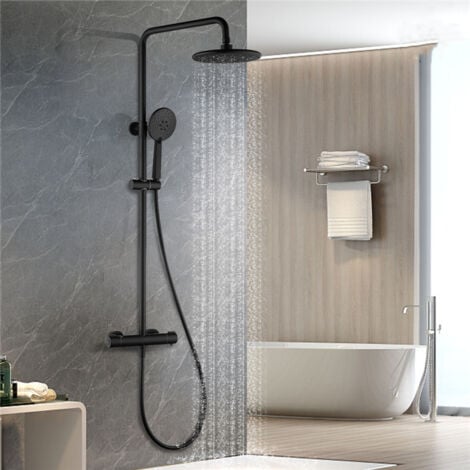 Duschsystem mit thermostat Schwarz Dusche Armatur Duschset mit XXL Kopfbrause, 3 Strahlarten Handbrause, Regendusche Höhenverstellbar Duschsäule Schwarz mit Anti-Verbrühungs-Duschsystem