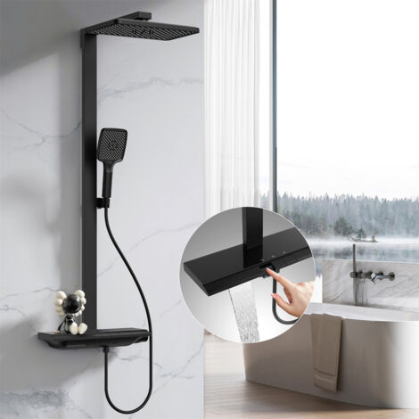 OHPA Duschsystem mit Thermostat und Glasablage, Duscharmatur Komplettset, Handbrause mit 3 Strahlarten, Regendusche mit Armatur, Duschset Duschsäuleset