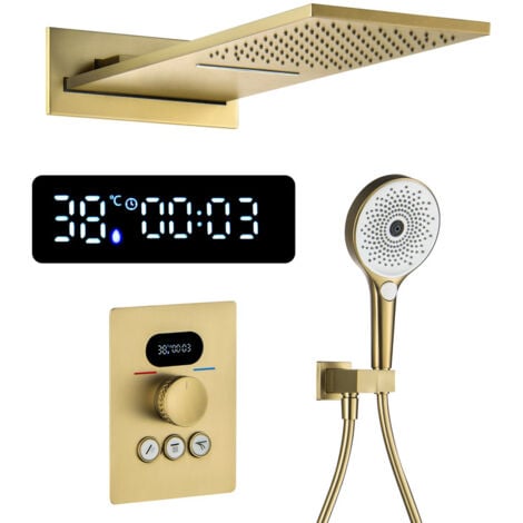 Duschsystem mit Thermostat, Unterputz Duscharmatur Set LED Digitalanzeige Regendusche Unterputz Gebürstetes Gold Duschset Duschsäuleset Wandmontiert Regendusche Set mit Duschkopf, Handbrause