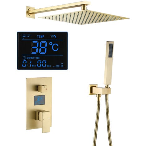 ESIP Duschsystem Unterputz, Duschset mit Digitaler Bildschirm, Gebürstetes Gold Regendusche Wand Montiert Brausegarnitur mit 30 cm 30 cm Duschkopf, Handbrause