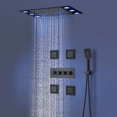 Duschsystem,3 Funktion LED Thermostat Duschset,360x500mm RGB Brauseset,mit Regenmodus,4 Zoll Seitenstrahl,Handbrause, Edelstahl 304, Thermostat Regelventil