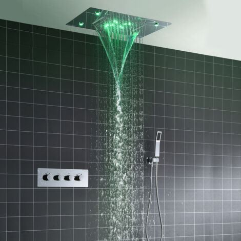 Duschsystem,Duschsystem Mit Thermostat,Ausgestattet mit einer 500 x 360 mm großen Kopfbrause mit 3 Wasserstrahlarten,Mit LED-Licht Regenduschkopf,Handbrause,Chrom-Einbau-Duscharmatur-Set