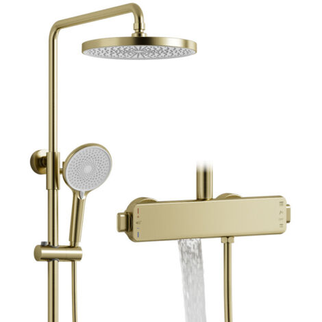 Duschsystem,Duschsystem mit thermostat,Vielseitig Duschset,Ausgestattet Mit Runden Kopfbrause,Handbrause Und Versteckt Wasserauslass Unten,Höhen- und winkelverstellbares Duschset (Brushed gold)