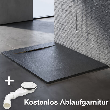 Duschtasse 90 Duschwanne Flach Schwarz SMC für Duschkabine Badezimmer Schiefer-Textur inkl.Ablaufgarnitur,Antirutsch,Schneidbaren Design 140x90cm