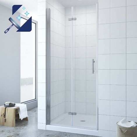 Duschtür klappbar faltbar GlasWandprofil Chromoptik Nischentür  Schwingtür ohne Rahmen mit Magnetdichtung Duschtürdichtung unten 6 mm Klarglas NANO-Beschichtung 3.80x197cm