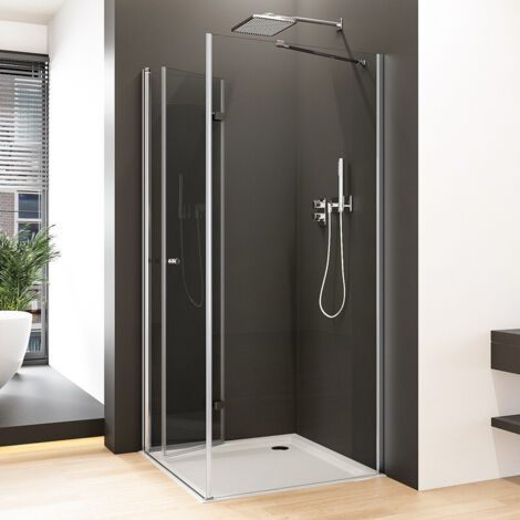 Duschtür mit Seitenwand 90x75 cm Falttür Drehfalttür Dusche 90 cm mit festem Seitenteil 75 cm Duschkabine Eckeinstieg rahmenlos Eckdusche Falttüren NANO Sicherheitsglas ESG Klarglas 6 mm Höhe 195 cm