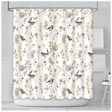 Duschvorhang 180 x 180 cm, Blumenmuster, Vögel, Pflanzen, Gras, strapazierfähiger, wasserdichter Polyester-Badezimmervorhang mit 12 Haken
