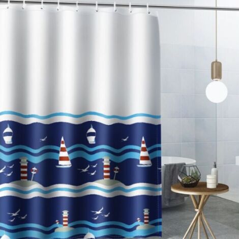 Duschvorhang (180 x 200 cm) mit 12 Haken, schnelltrocknend (Bootsform), wasserdichtes Polyestergewebe, maschinenwaschbar, Badezimmervorhänge