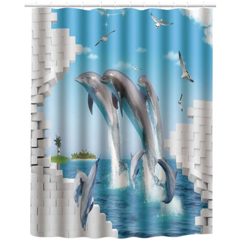 Duschvorhang 180x180cm mit Delfinmotiv, wasserdichtes Polyester für Badezimmer