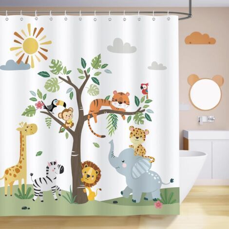 Duschvorhang für Kinder, Giraffe, Elefant, Löwe, Safari, Badezimmerdekoration, 180 x 180 cm, wasserdichter Polyester-Badevorhang mit 12 Haken