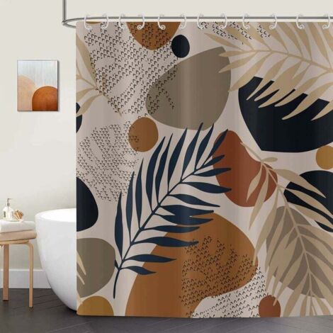 Duschvorhang im Boho-Stil mit Blättern, 180 x 200 cm, abstraktes Boho-Design mit braunen Palmenblättern, waschbar, wasserdicht