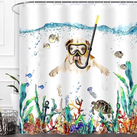 Duschvorhang mit gelbem Welpenmotiv, 180 x 180 cm, Hunde-, Meerestier-, Fisch- und Seegrasmuster, wasserdicht, strapazierfähig, Polyester, modern