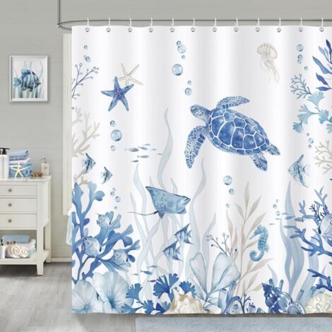 Duschvorhang mit korallenblauem Meeresschildkrötenmotiv, Polyestergewebe, schimmelresistent, wasserdicht, waschbar, Badezimmervorhang, 180 x 180 cm mit 12 Badewannenhaken