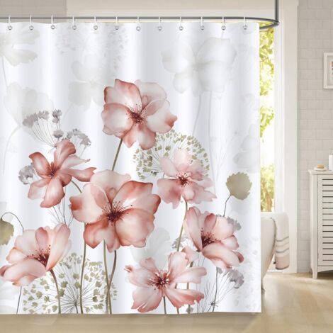 Duschvorhang mit rosa Aquarellblumenmuster – wasserdicht, waschbar, schimmelresistentes Polyestergewebe für Badezimmer – 180 x 180 cm mit 12 Badewannenhaken